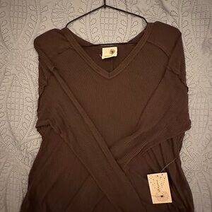 everleigh Brown Ribbed V-Neck Long Sleeve Top